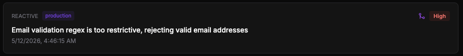 Auralogs alert card showing a reactive, high-severity issue: "Email validation regex is too restrictive, rejecting valid email addresses"