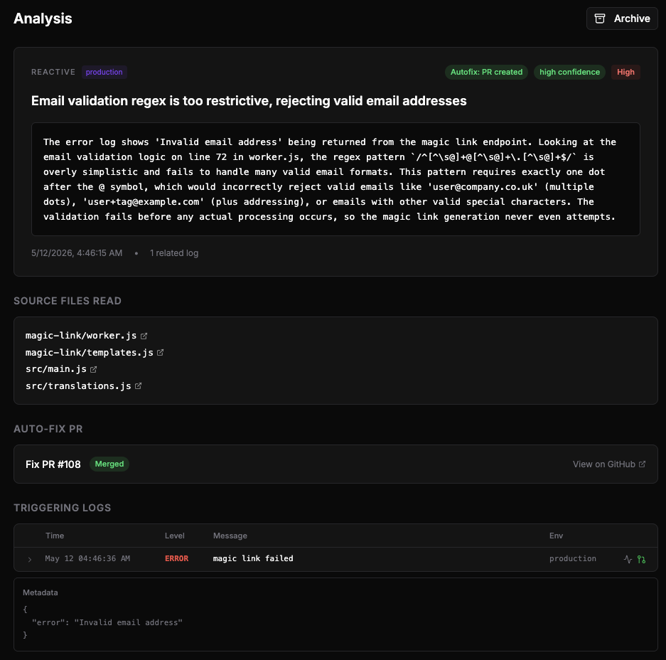Auralogs analysis view showing the magic-link error, the AI's reasoning, and the linked autofix PR