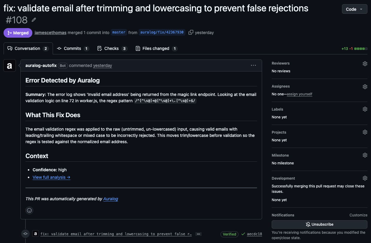 Merged GitHub PR titled "fix: validate email after trimming and lowercasing to prevent false rejections", +13/-1, with an Auralogs-generated description